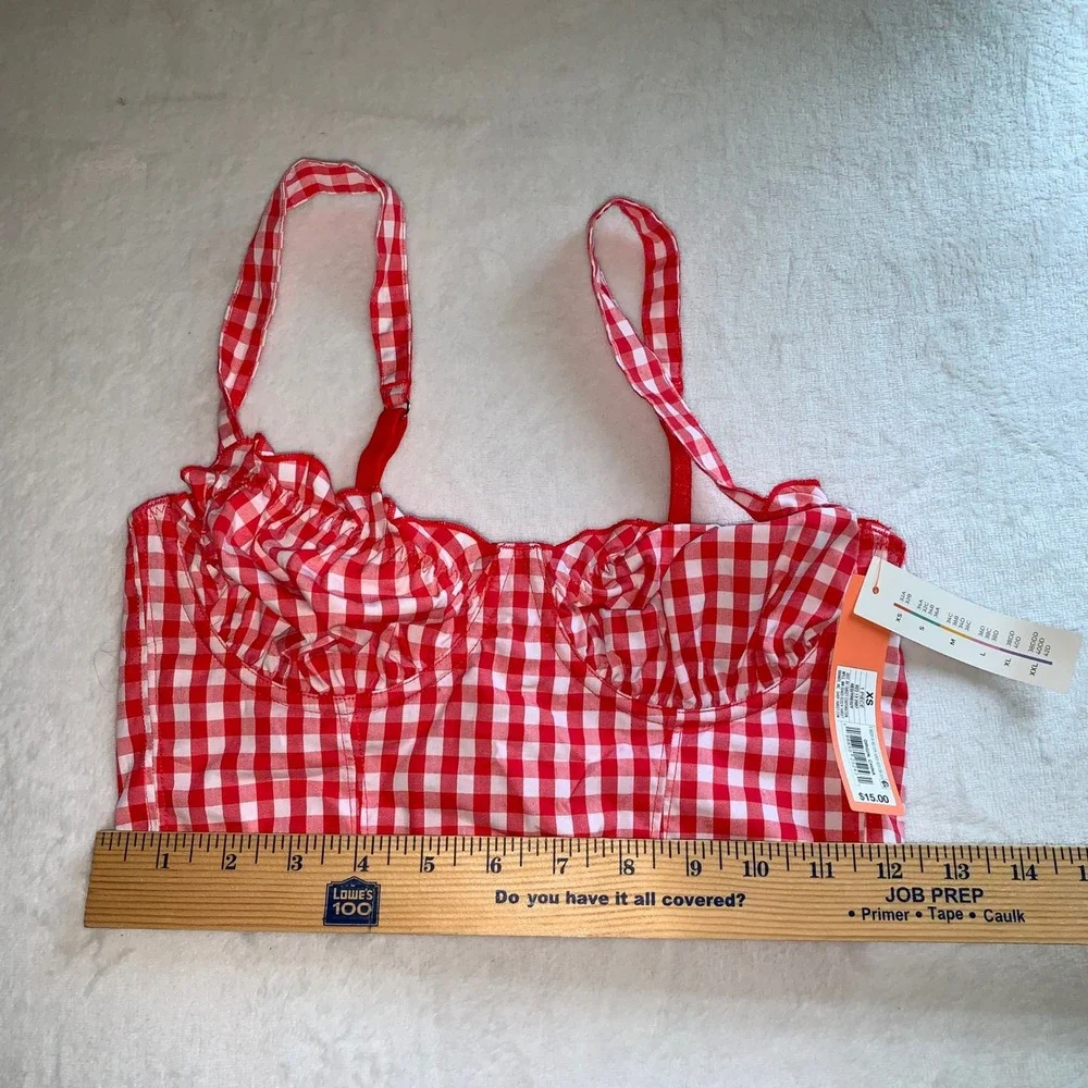 Colsie red and white gingham check picnic cotton longline bra bralette XS new